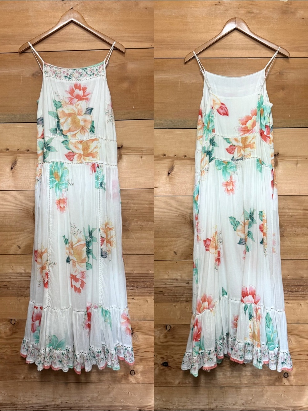 Anthropologie Farm Rio White Floral Maxi Slip Dress with Pastel Blooms